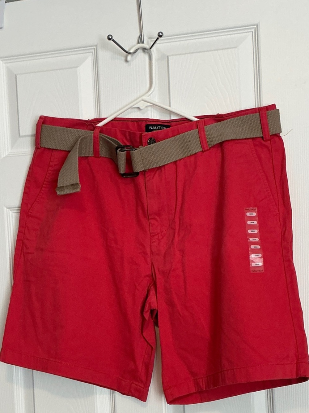 Nautica Bright Red Men's Flat Front Shorts with Tan Web Belt